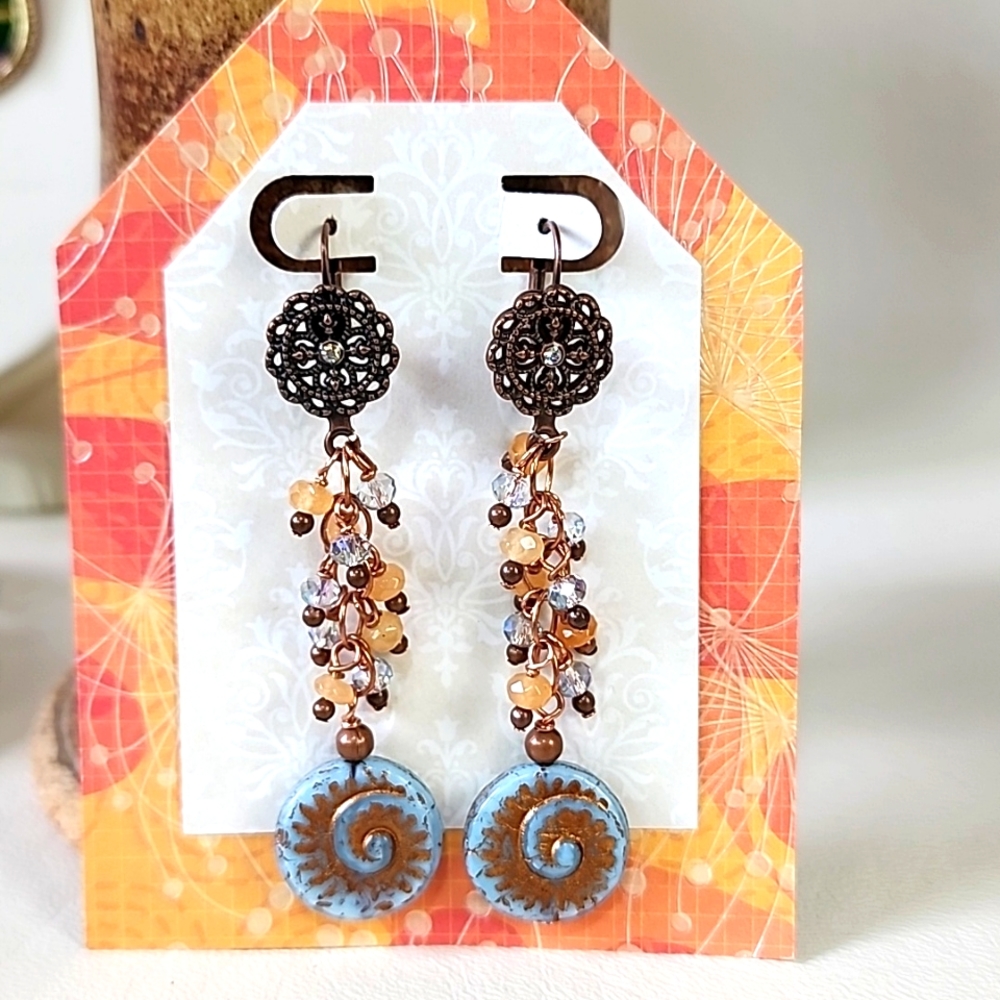 Blue & Peach Nautilus Shell Earrings, Long Dangle Earring,‎ Handcrafted